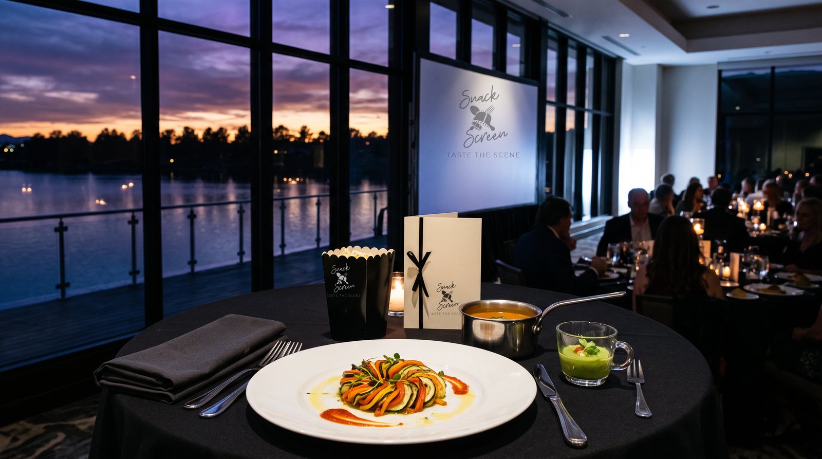 A plated course on a black-linen table, the lake at dusk beyond the glass